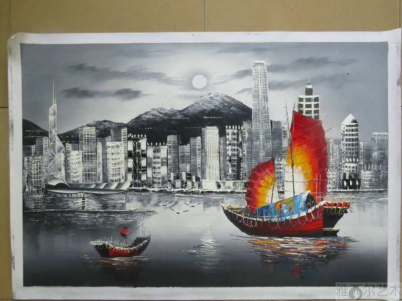 香港维多利亚港夜景油画 精美古典风景油画 海景油画厂家直销