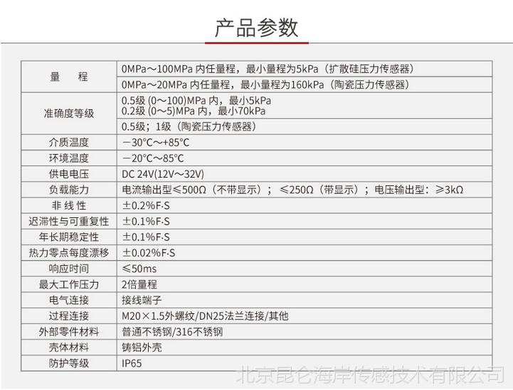 北京昆仑海岸进口扩散硅压力变送器4-20ma油压气压液压水压力传感器0