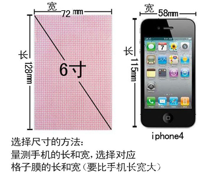 先量测手机的实际长和宽,然后对照格子膜的长和宽,再选择对应的尺寸膜