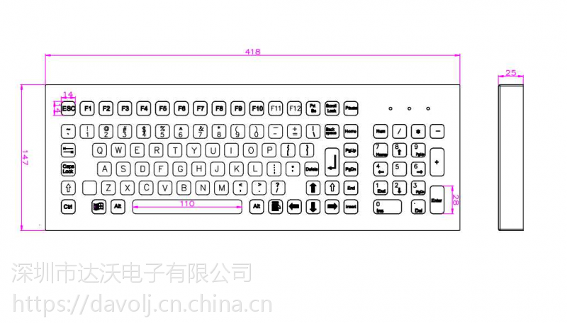 尺寸规格 418*147mm 产品特征 优质进口不锈钢冲压成型键盘 防水,防尘