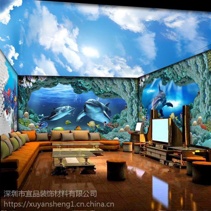 大型3d海底世界主题壁纸游泳馆4d海洋鱼海豚主题酒店墙纸幼儿园儿童房