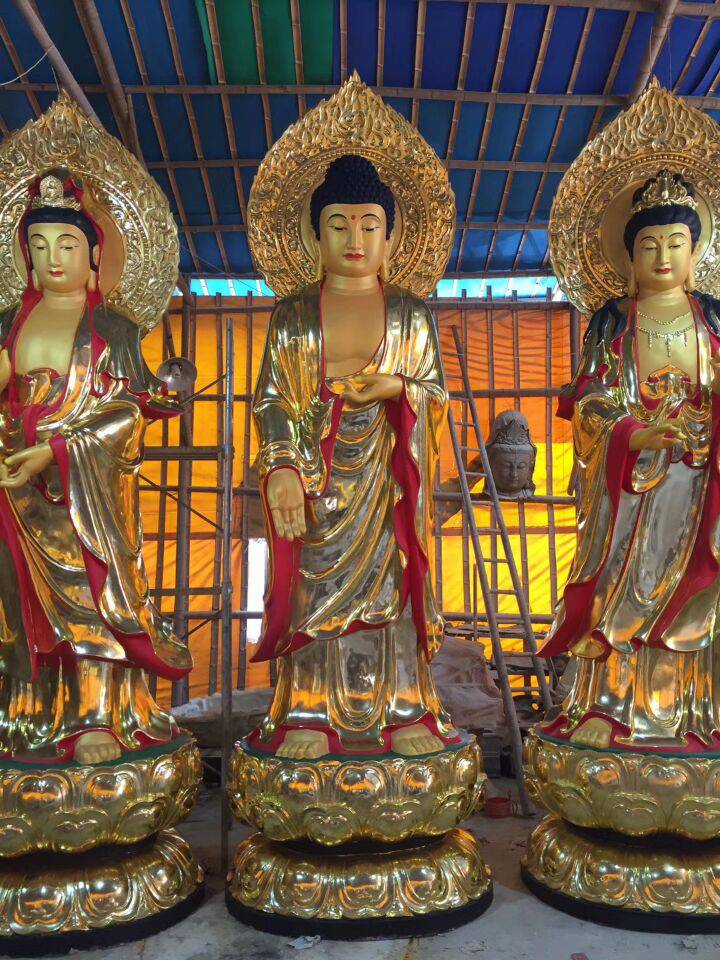 温州正圆西方三圣铜雕佛像定做厂家 铜雕西方三圣厂家 铸铜东方三圣