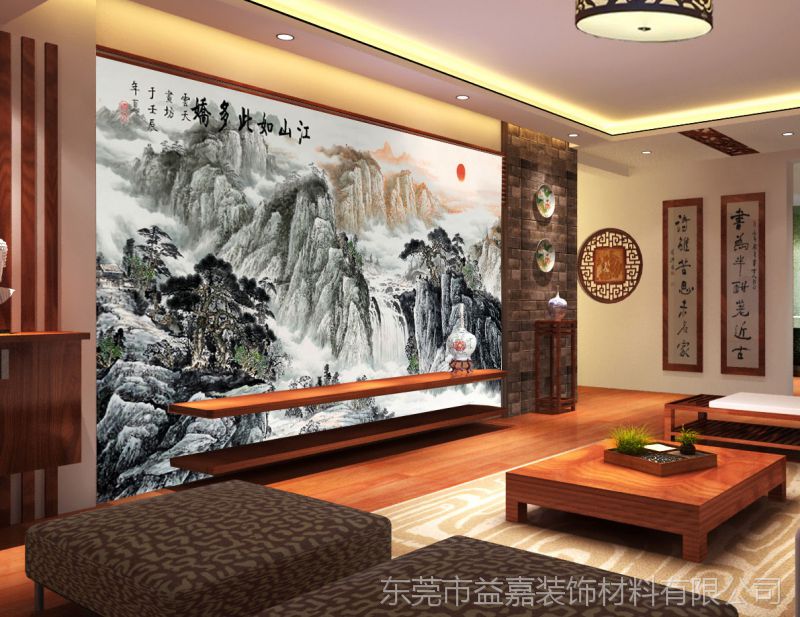 3d立体江山如画山水壁画墙布办公室会议厅背景墙纸迎客松风景画