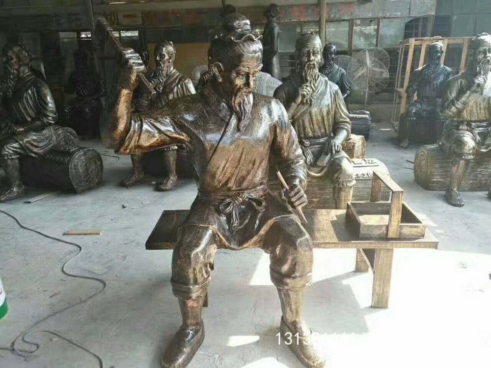 鲁班做木工造型铸铜雕像现货,人造石雕鲁班学艺摆件情景雕塑图片