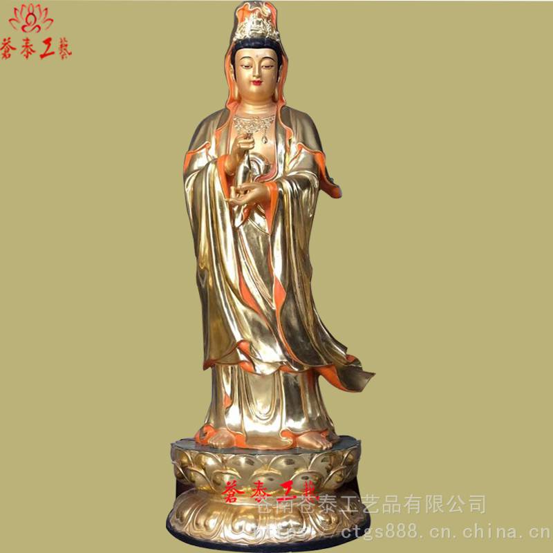 云南省供应观音菩萨站像木雕贴金滴水观音白衣观音