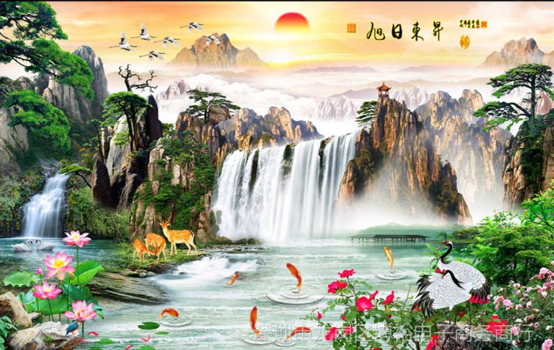 5d无缝立体中式壁画客厅电视背景墙壁纸迎客松山水风景画影视墙布