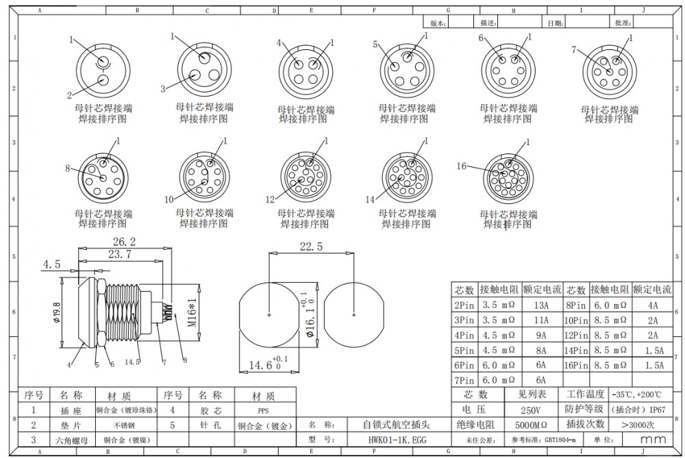 兼容瑞士雷莫lemo航空插头 m16防水航空插头 1k16pin航空插头 多芯