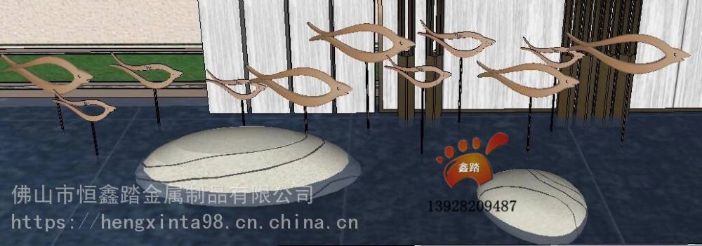三水售楼部镜面玫瑰金不锈钢飞鱼雕塑创意设计得栩栩如生的画面