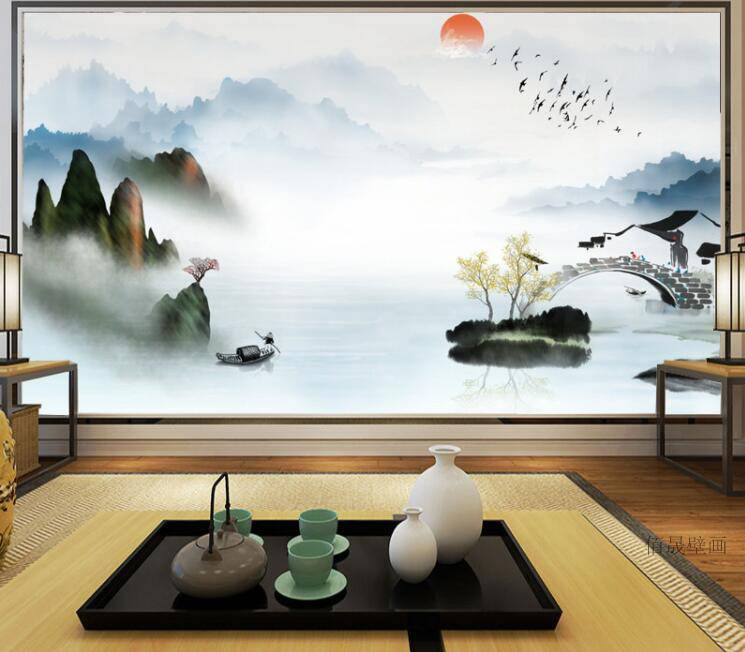 新中式手绘唯美水墨山水画 欧式油画装饰定制客厅电视背景墙壁纸壁画