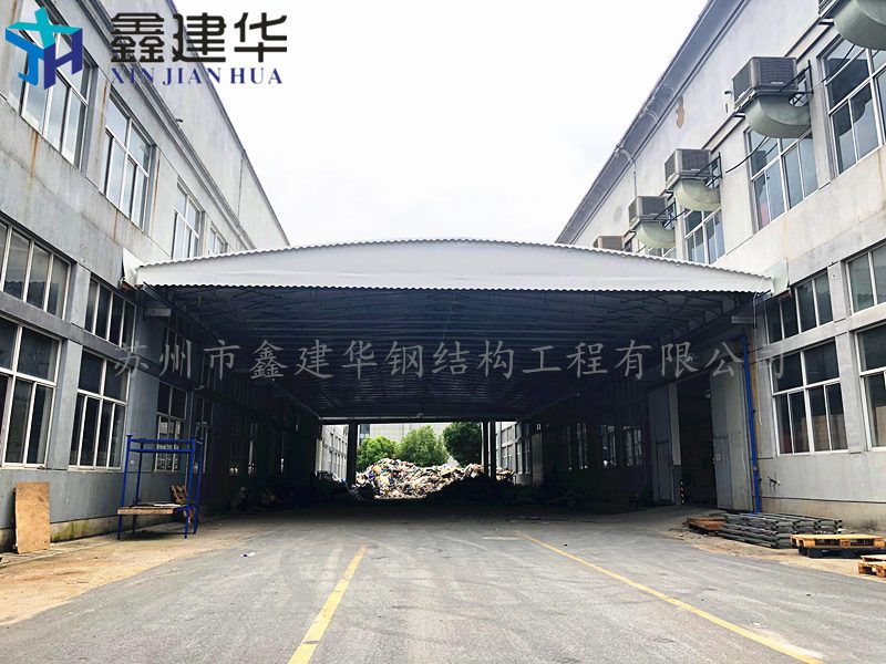 昆山厂房之间搭建电动推拉雨棚效果图 苏州活动棚伸缩蓬防雨`