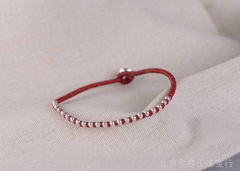 金鹿王 s925银复古 女款时尚小清新红色蜡绳手工编织银珠脚链