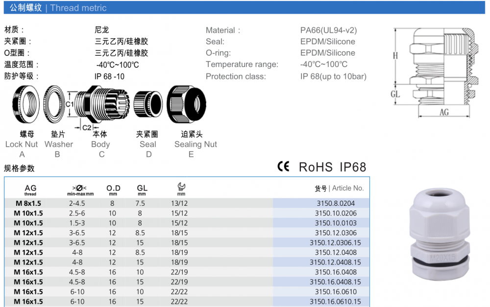 尼龙电缆防水接头m12防水葛兰头mg12a温州木马厂家直销