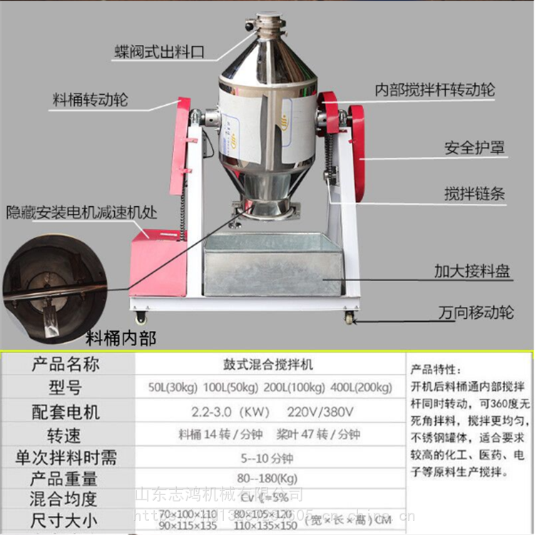 志鸿304食品粉末腰鼓搅拌机不锈钢干粉搅拌机调料混合搅拌机