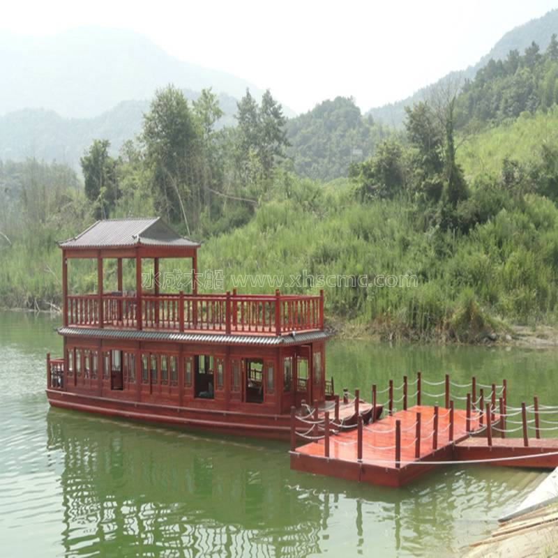 大型旅游项目合作厂家 四川成都升级款电动仿古船 水上农庄餐饮船旅游船