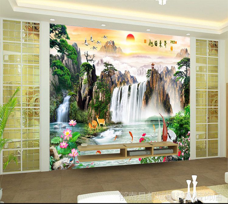 墙贴3d立体风景画电视背景墙壁纸8d壁画流水生财旭日东升山水画