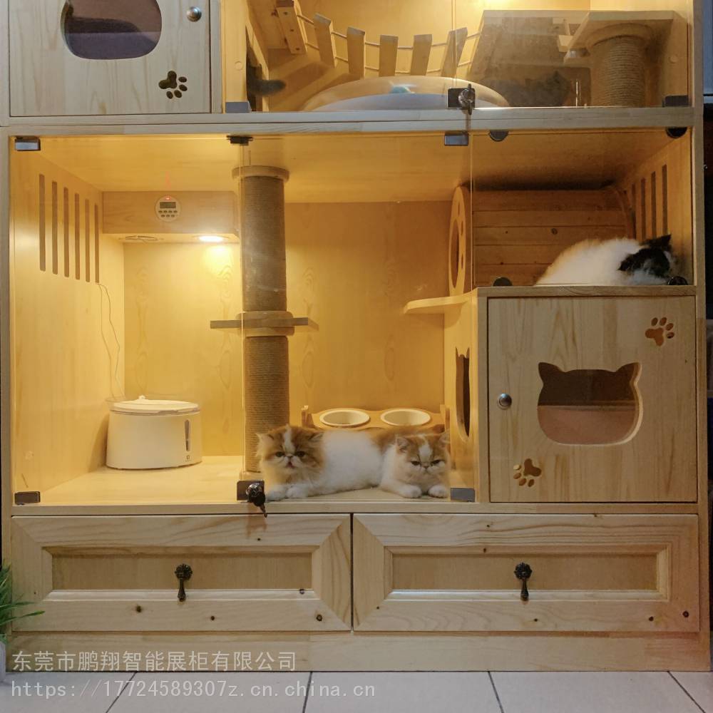 专业定制木质猫笼实木猫屋猫别墅猫舍宠物店展示柜