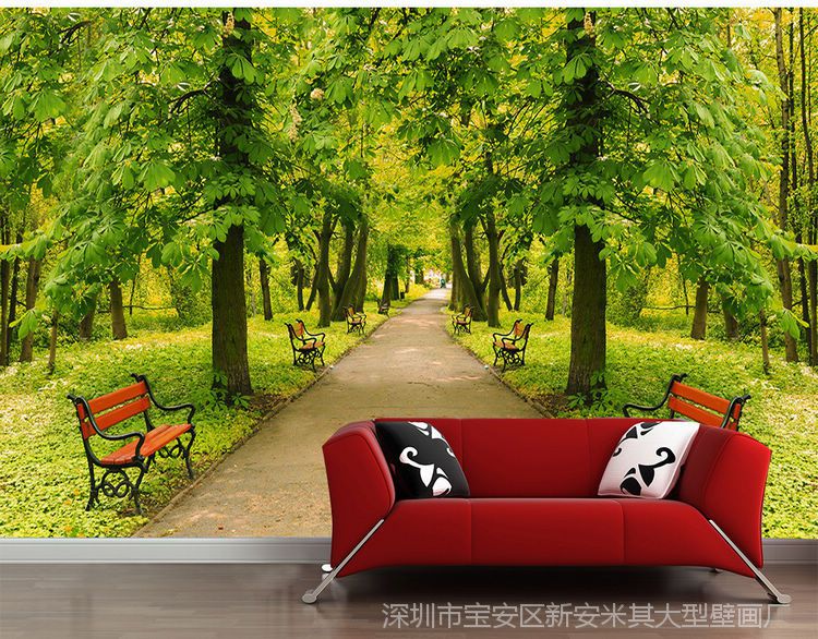 无缝壁画壁纸客厅卧室沙发3d高清林荫大道公园椅子风景背景墙壁画
