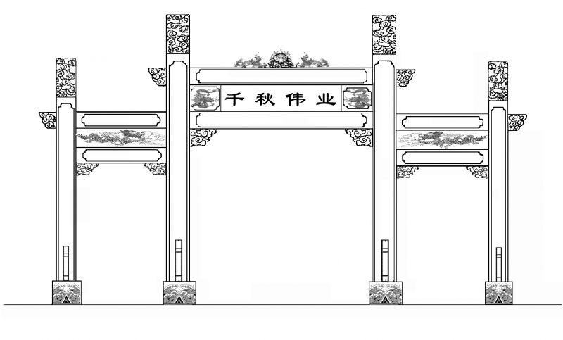 牌坊均是石坊木结构,以青石和白石相间建造,石材颜色对比鲜明,整体