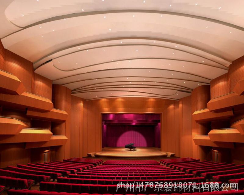 音乐厅大厅造型木纹铝单板吊顶天花及弧形铝合金幕墙