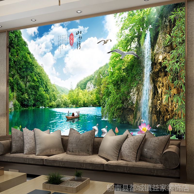 电视背景墙壁纸3d立体山水风景画5d壁画现代中式客厅沙发墙纸定制
