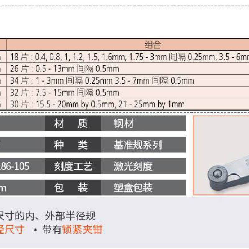 mitutoyo日本三丰186-105-106-107-110半径规r规 1-7mm样板弧度规