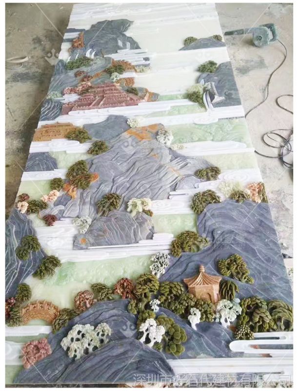 惠家缘新中式天然玉石彩雕3d立体浮雕客厅过道玄关背景墙山水画精