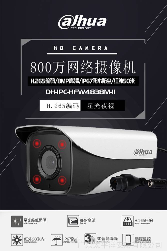 大华800万4k高清h265星光红外单灯网络摄像机dhipchfw4838mi1