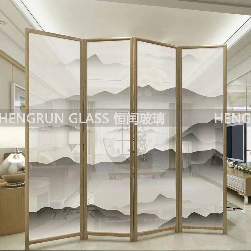 定制山水画夹丝夹胶艺术玻璃 中国风隔断屏风移门背景墙厂家直销