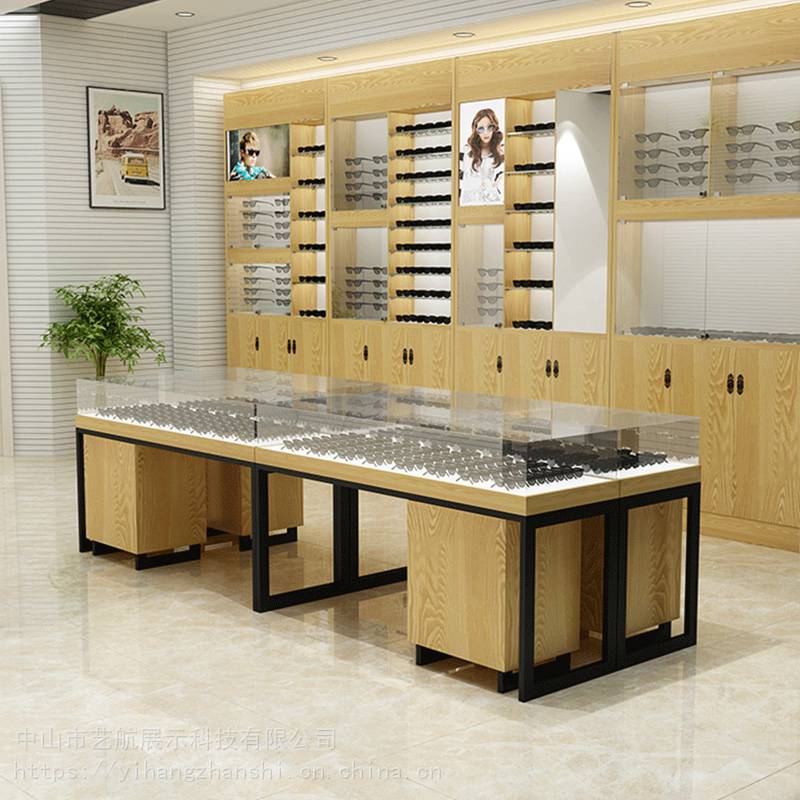 铁艺烤漆眼镜店生态板实木质展示柜高柜玻璃中岛柜台眼镜陈列货架