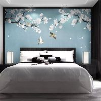 定制中式花鸟大型壁画客厅电视背景墙纸复古蓝色壁纸卧室床头墙布