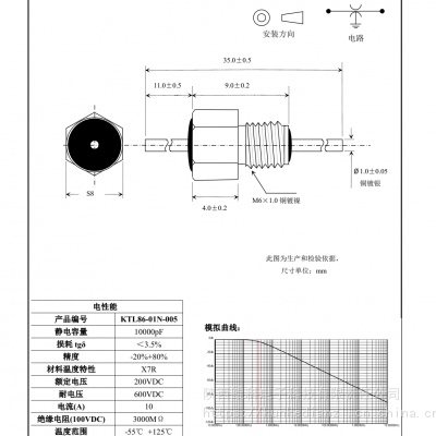 陶瓷穿心电容浪涌抑制emi低通滤波器m6螺纹x7r10310nf10000pf200v