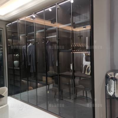 镁森定制意式轻奢极简玻璃柜衣柜拉丝金黑色铝框全透明玻璃 环保美观