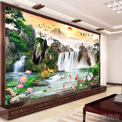墙贴3d立体风景画电视背景墙壁纸8d壁画流水生财旭日东升山水画