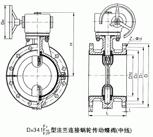 四, d341f46蜗轮 法兰衬氟蝶阀 主要结构图