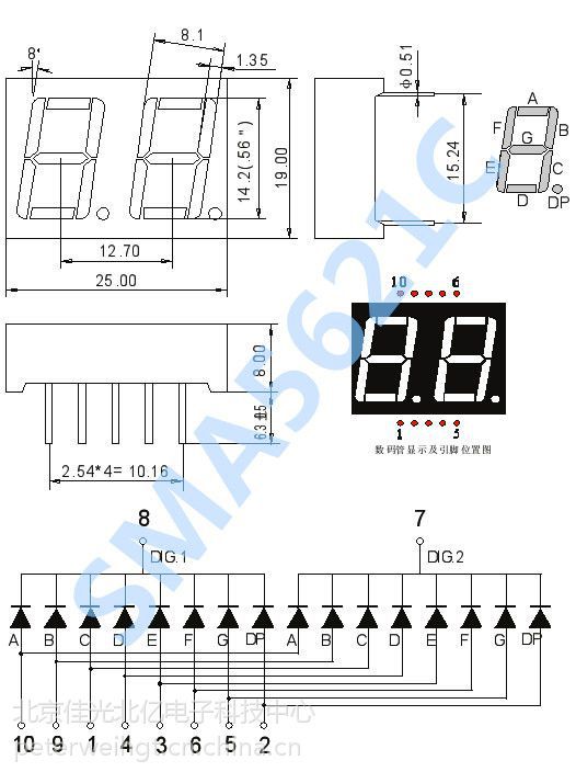 【供应056英寸二位数码管 双位动态10引脚七段管 共阴红光sma5621ah