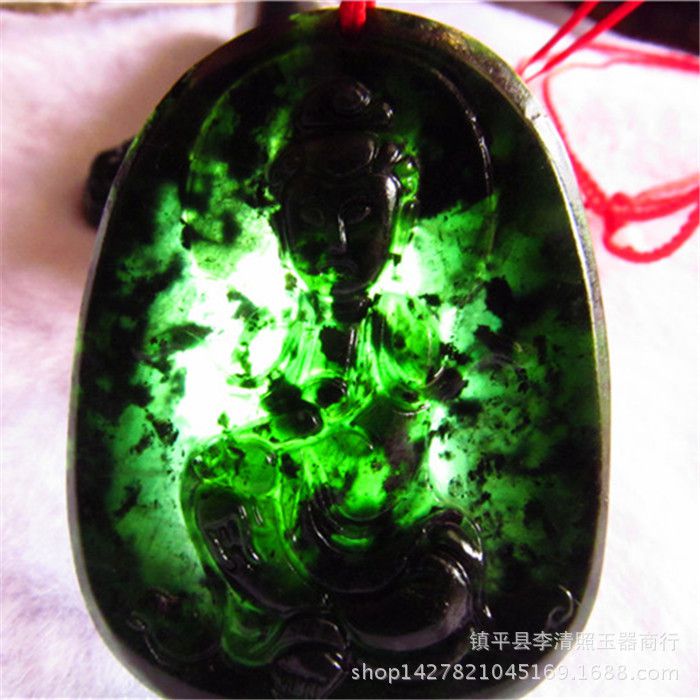 ***和田玉观音牌 天然墨绿色玉观音菩萨吊坠男款平安挂件带证书