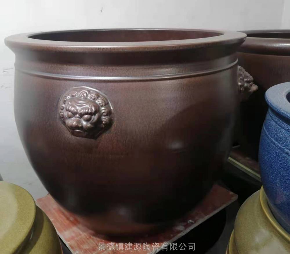 景德镇寺院仿古铜色大缸批发1米12米狮子头大缸手工制作陶瓷缸厂