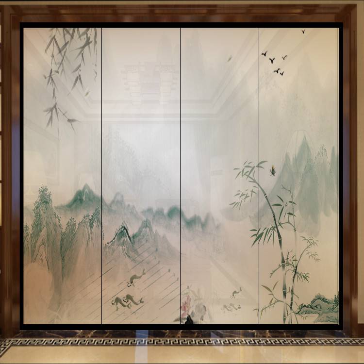 夹丝玻璃隔断 山水画屏风夹胶玻璃订制厂家 欢迎咨询