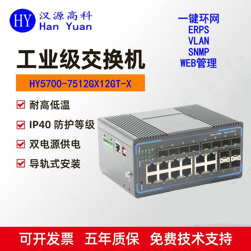 汉源高科12光12电口卡轨式管理型工业以太网交换机支持ERPS环网