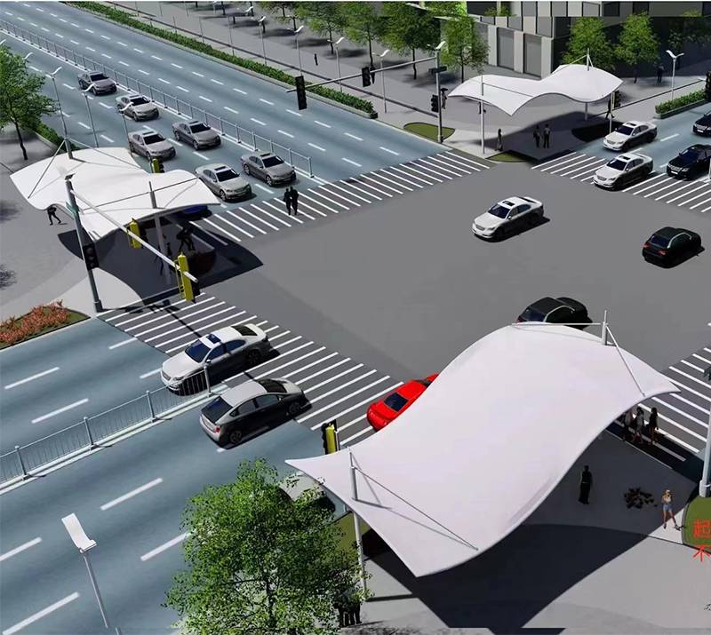 设计制作城市道路口膜结构景观棚 合金结构非机动车膜结构遮阳棚
