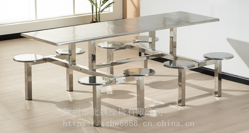 广东不锈钢连体餐桌椅 4人6人8人位条凳食堂餐桌椅