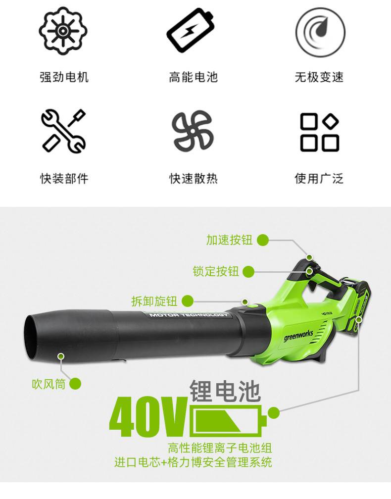 格力博greenworks40V手提锂电大功率大棚吹雪机马路吹尘机园林吹树叶吹风机充电式吹灰机