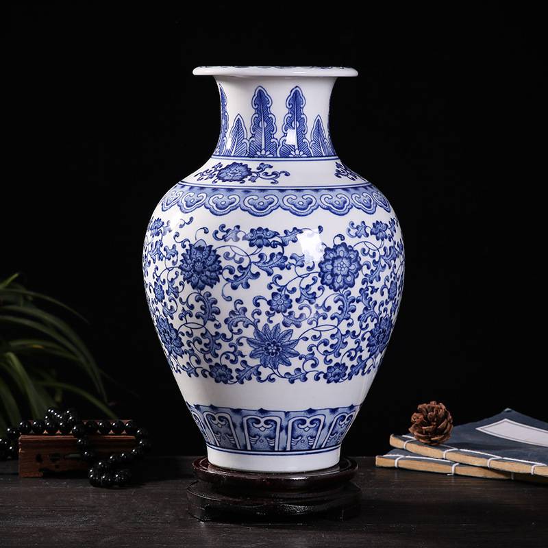 新中式荷花陶瓷带盖罐子景德镇陶瓷仿古青花瓷花瓶客厅插花复古摆件