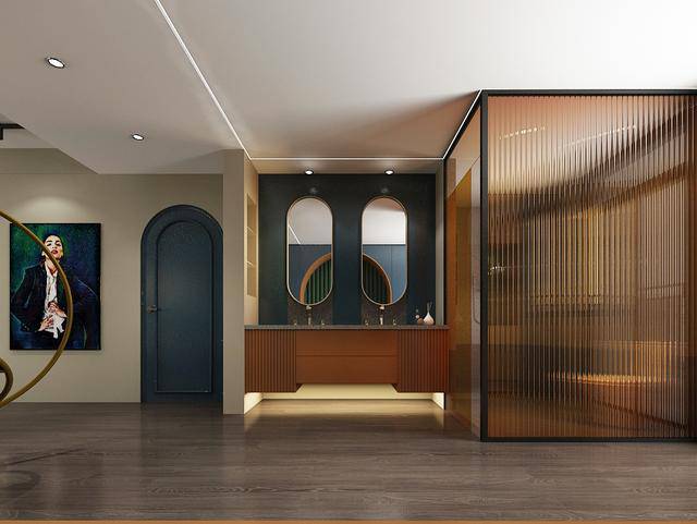 为顺应主卧大色调,卫生间改为茶色长虹玻璃,顶面线性灯可以划分主卧的