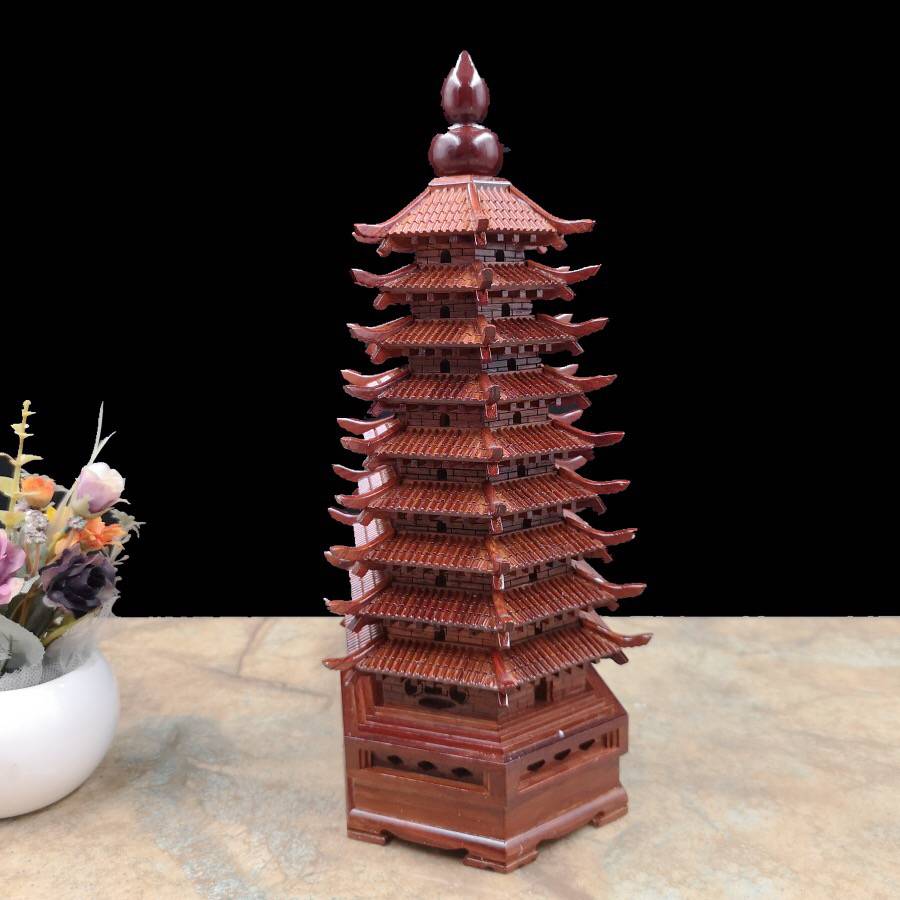 缅花九层文昌塔镂空实木红木工艺品创意雕刻复古建筑摆件办公饰品