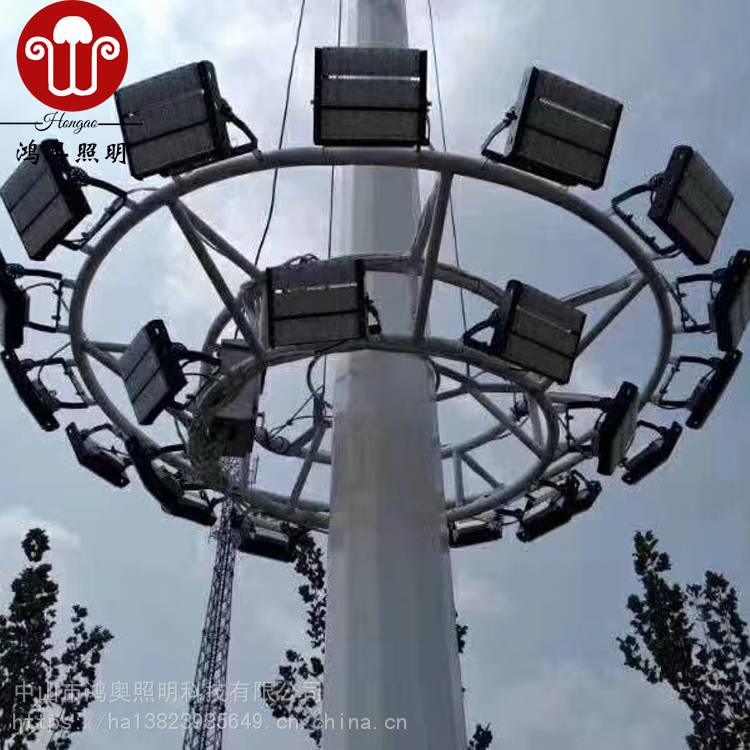 定制加工各种高杆灯15米600W足瓦投光灯基础地笼升降式爬梯高杆灯