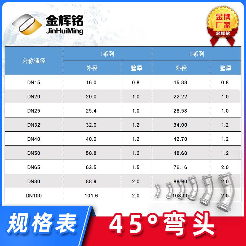 不銹鋼304雙卡壓彎頭45度等徑彎頭薄壁水管管件耐高壓密封可靠佛山金輝銘