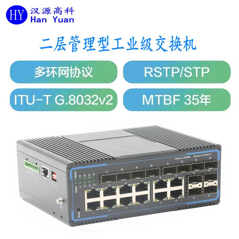 汉源高科工业级千兆12光12电环网型光纤收发器DIN导轨式支持STP/RSTPEAPS、ERPS