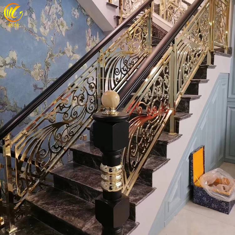 西安安装铝艺楼梯连体雕花金属楼梯护栏订制