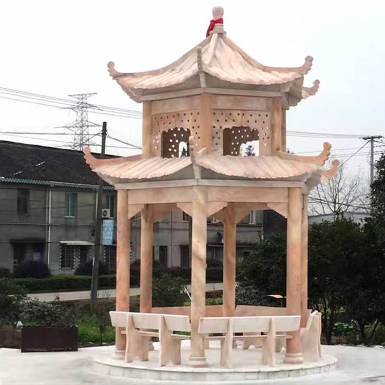 供应晚霞红石雕凉亭红色石亭子景